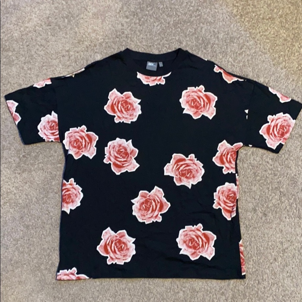 Black ASOS t-shirt with red rose pattern.